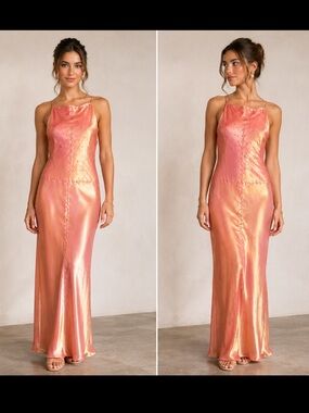 Iridescent Peach Satin Prom Dress - Elegant Halter Gown